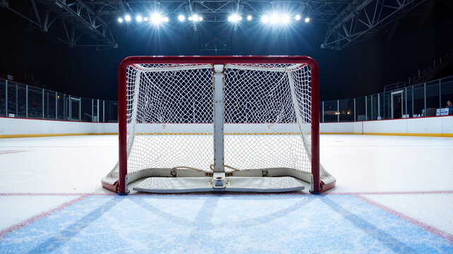 Hockey net on ice rink with stadium lights