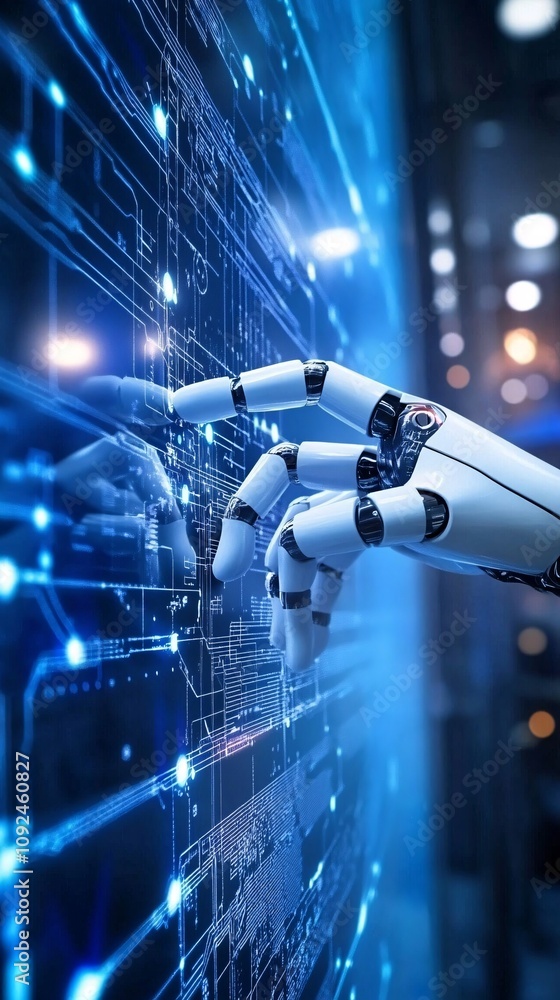 Poster robot hand interacting with futuristic digital interface in server room