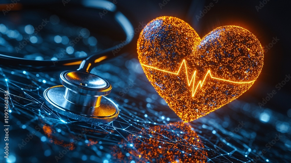 Aufkleber close-up of a stethoscope wrapped around a vibrant heart illustration with a glowing health symbol i