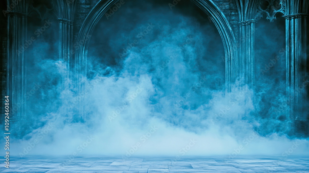 Poster Mysterious mist envelops ancient architecture ethereal scene mystic vibes atmospheric view