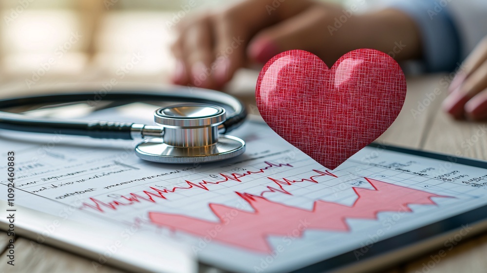 Aufkleber a stethoscope resting on a digital tablet displaying a heart health report stock photo with side cop