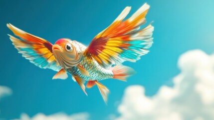 Fototapeta premium A quirky scene of a flying fish with colorful wings, symbolizing thinking outside the box, set against a bright blue sky.