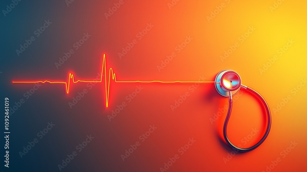 Poster Stethoscope coiled around a heart monitor line over a soft gradient background symbolizing care and health Stock Photo with side copy space