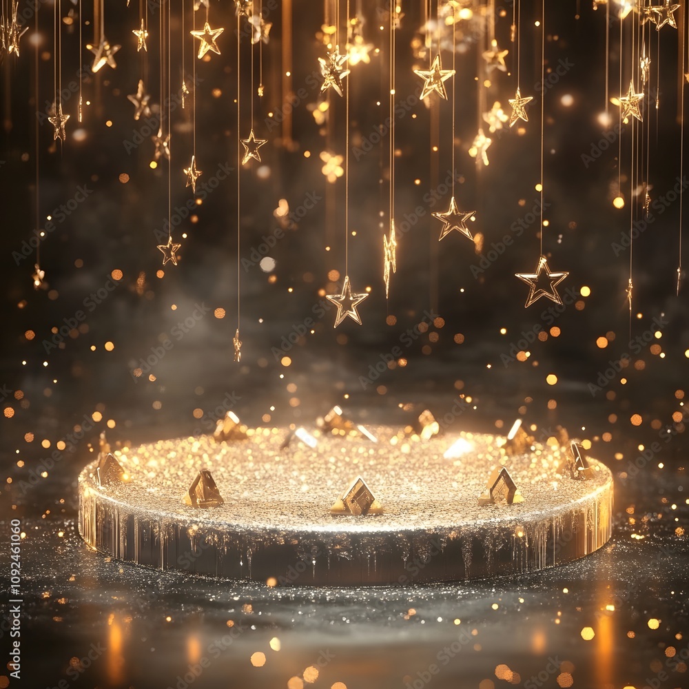 Poster a sparkling podium with a surface of delicate ice crystals, surrounded by glowing stars and golden t