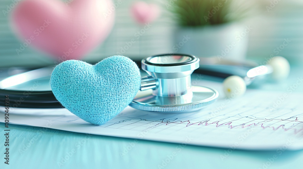 Aufkleber medical workspace with stethoscope heart monitor and clipboard featuring patient data stock photo wi
