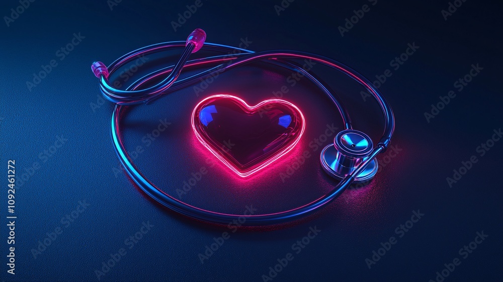 Poster Abstract 3D rendering of a stethoscope forming a continuous loop with a glowing heart in the center Stock Photo with side copy space