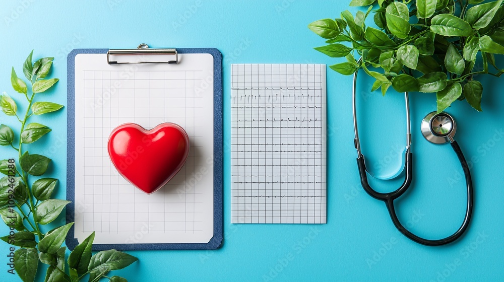 Poster medical workspace with stethoscope heart monitor and clipboard featuring patient data stock photo wi