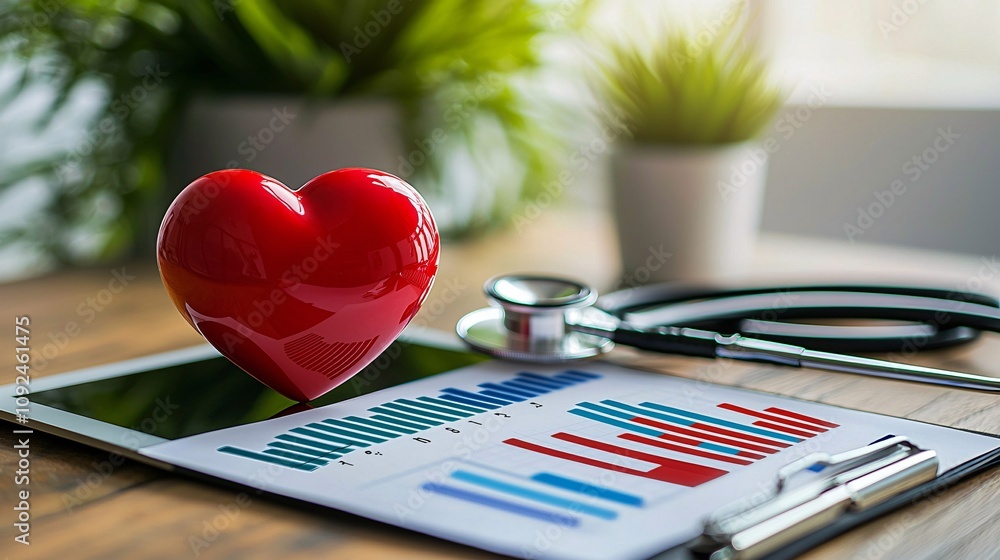 Poster medical office desk with a stethoscope heart-shaped icon and tablet computer displaying healthcare s