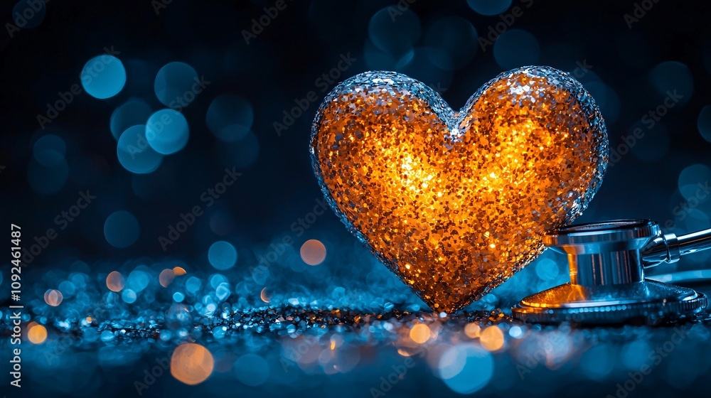 Poster Creative composition of a stethoscope forming a heart shape with a soft glowing light Stock Photo with side copy space