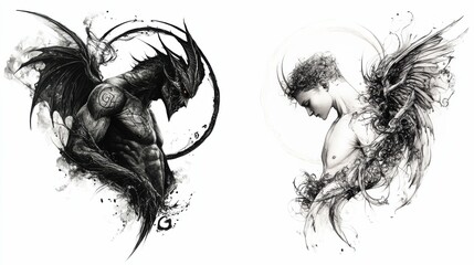 Fototapeta premium realistic tattoo design, clear outlines, divided image; left depicts a fierce demon with sharp features and dark wings, right presents a gentle angel with a radiant halo. full-body profile, side view