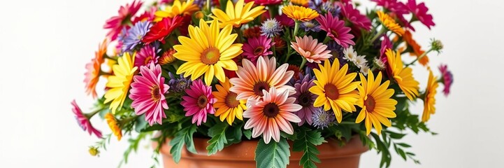 Obraz premium Vibrant mixed bouquet of colorful flowers in a large terracotta pot, terracotta pots, mixed bouquets