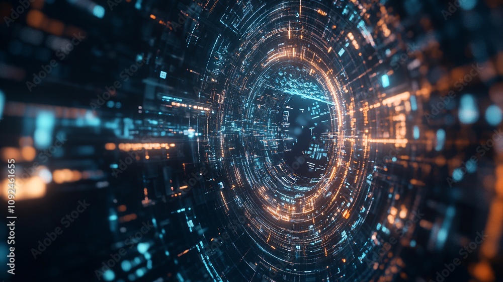 Poster futuristic cyberspace tunnel transmitting digital information at high speed