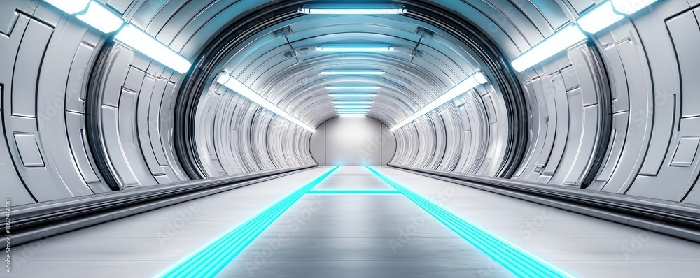 Poster futuristic tunnel with glowing lines and modern architecture, white isolate background.