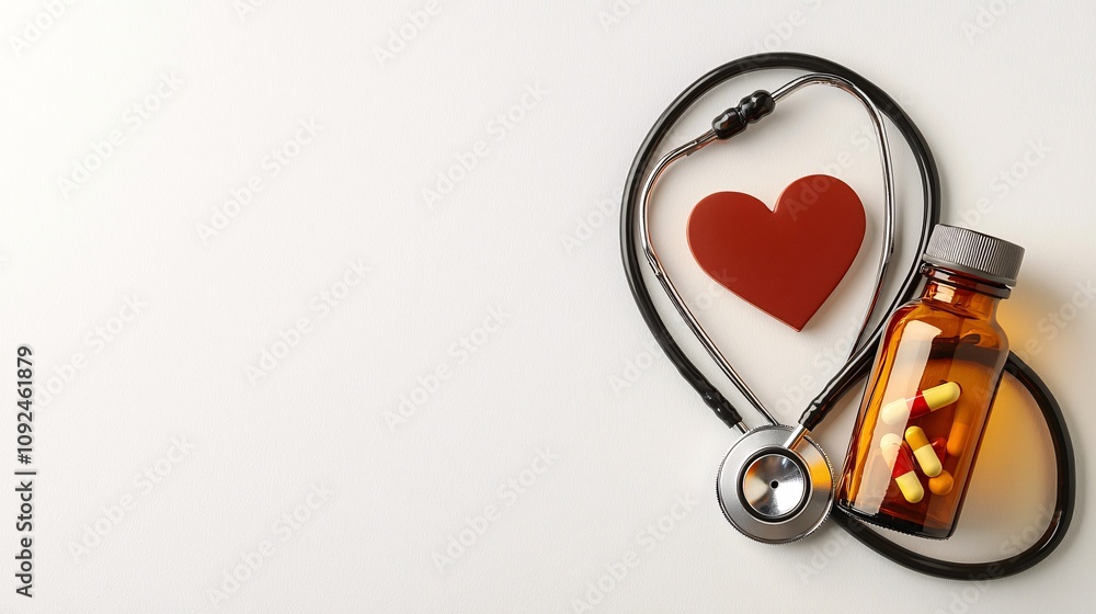 Poster stethoscope forming a heart shape beside a bottle of medicine and red heart icon on a clean white ba