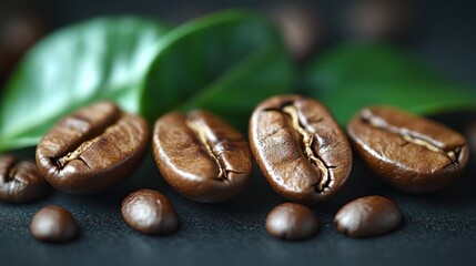 Fototapeta premium Coffee beans with green leaves on a dark surface.