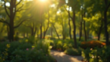 Bokeh effect on a garden full of trees in the sunlight creating a dreamy atmosphere, greenery, sunny day, dreamy atmosphere
