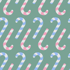 Candy cane. Upside down sweets. Endless vector pattern. Seamless Christmas ornament of striped colorful lollipops. Isolated green background. Flat style. Idea for web design.