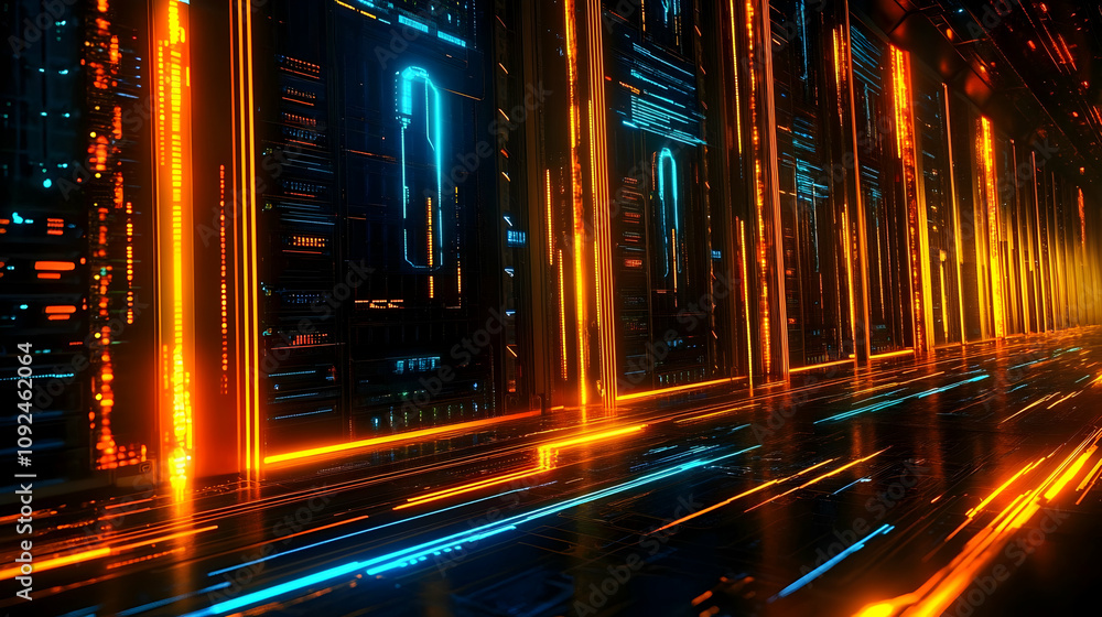 Poster futuristic digital server room: glowing neon lines and data streams illuminate a sleek, modern data 