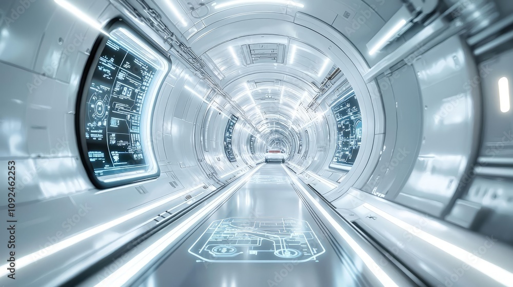 Poster futuristic corridor with glowing displays and sleek design, high-tech environment.