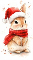 Christmas Bunny with Red Scarf and Santa Hat
