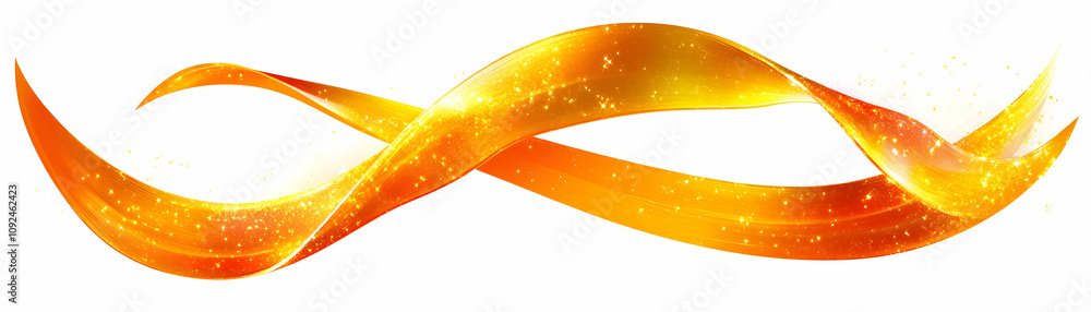 Poster golden abstract waves flowing dynamically on white background, sparkling with glittering particles, 