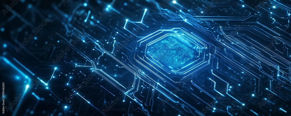 Poster Futuristic circuit board glowing with blue lights and data flowing