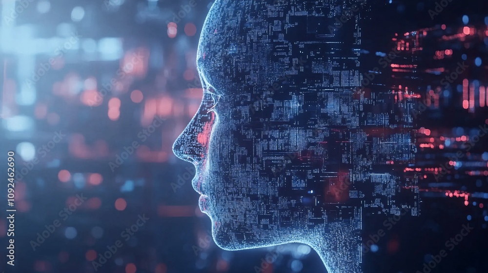 Poster Artificial intelligence forming a face with digital data flowing