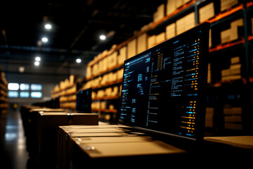 A dimly lit warehouse scene featuring a computer displaying data next to stacked boxes, showcasing an efficient storage and inventory management environment.
