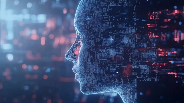 Artificial intelligence forming a face with digital data flowing