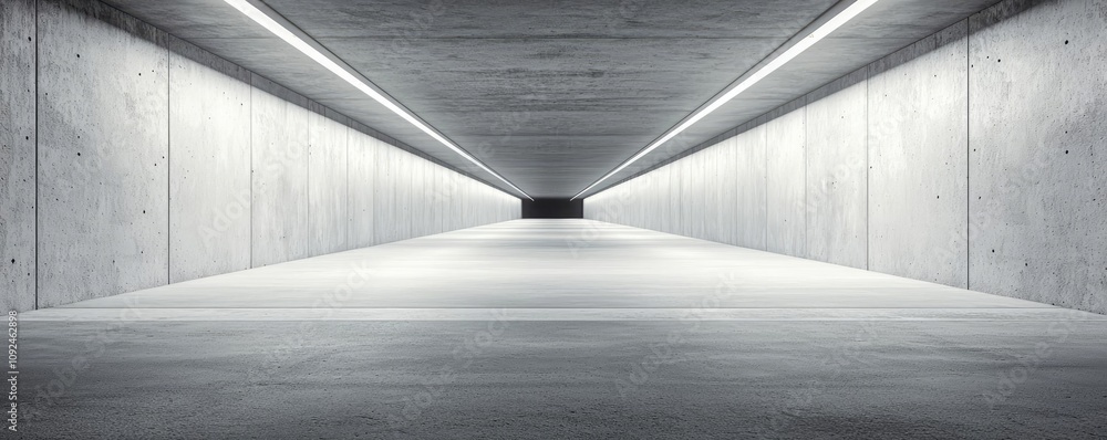 Poster modern concrete corridor with symmetrical lines and ambient lighting.