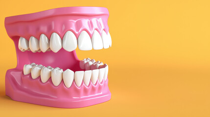 Fototapeta premium 3D render of mouth with white teeth on yellow background, showcasing dental features and vibrant colors. This highlights oral health and aesthetics