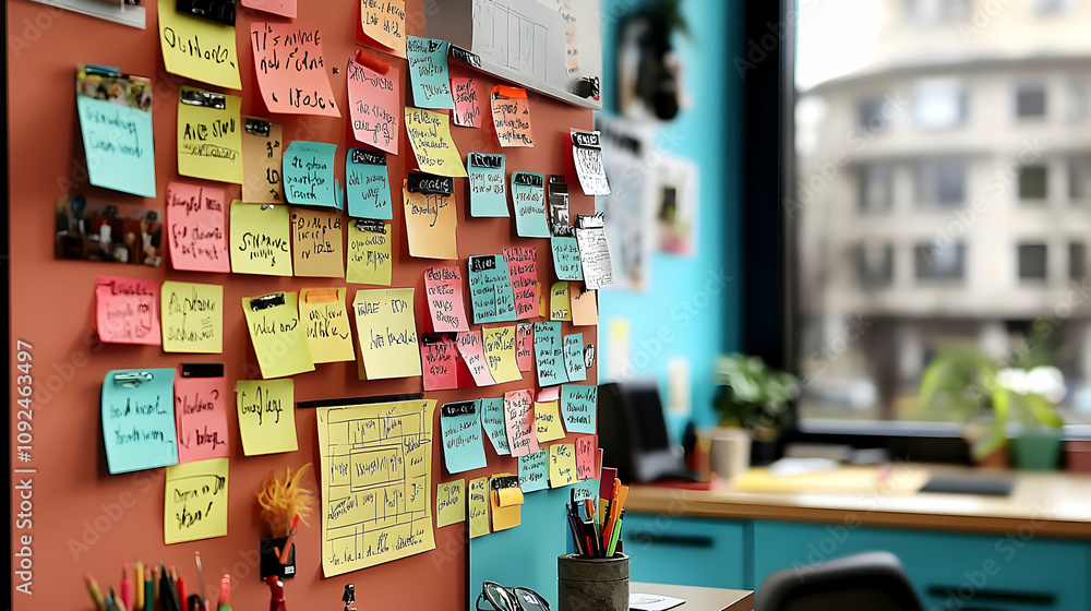 Poster colorful sticky notes adorn a wall, showing project management and brainstorming in action.