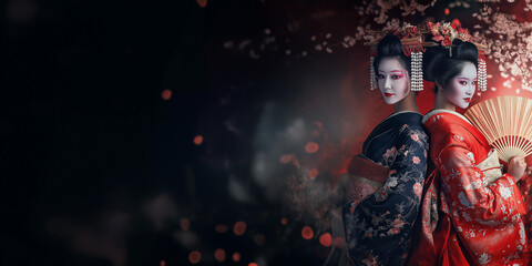 Fototapeta premium Two Geisha in black and red kimono on a dark background on the right. Japanese culture. Advertising banner.
