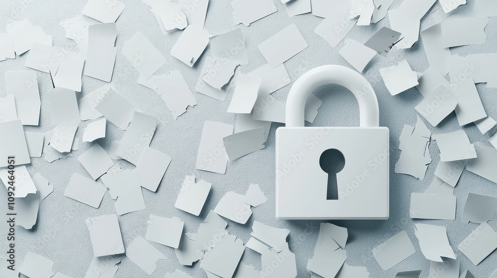 Poster 3d rendering of white padlock on textured surface surrounded by torn paper pieces, symbolizing secur