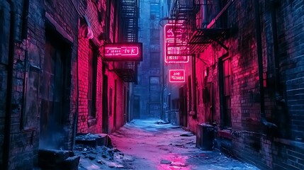 Fototapeta premium Neon-lit Alleyway with Brick Walls and Fire Escapes