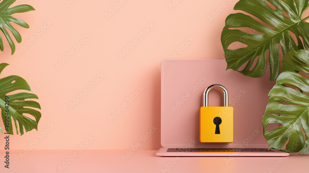 Poster yellow lock on laptop computer surrounded by green leaves creates secure and modern atmosphere. this