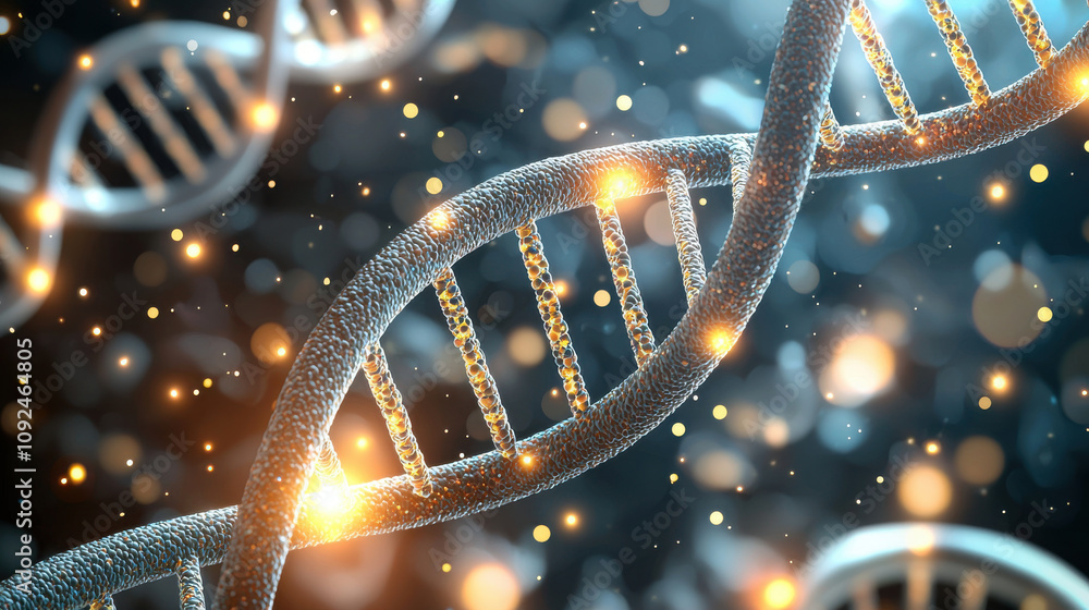 Poster glowing dna structure with particles in dark background, symbolizing life and science. this abstract