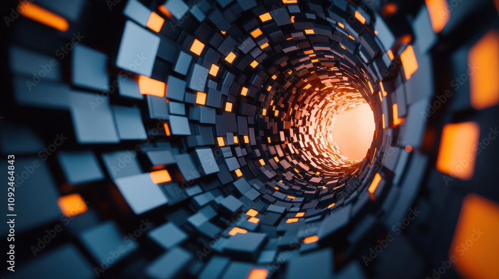 Poster futuristic digital tunnel with glowing orange squares and dark cubes creates mesmerizing visual effe