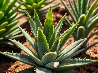 Fototapeta premium A lush aloe vera photographed at close range in a home garden