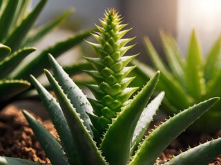 Fototapeta premium A lush aloe vera photographed at close range in a home garden