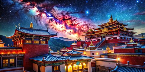 Fototapeta premium Shangri-La's burst â€“ prayer flags, red, blue sky.