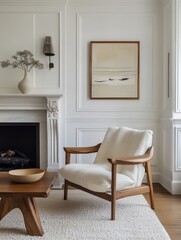 Fototapeta premium Modern Living Room with White Walls and Wooden Chair