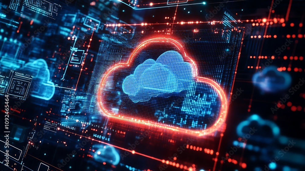 Poster digital cloud computing: abstract neon cloud data visualization