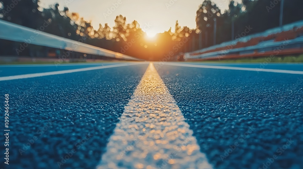 Poster conceptual image of an empty finish line at dawn symbolizing potential and new beginnings with open 