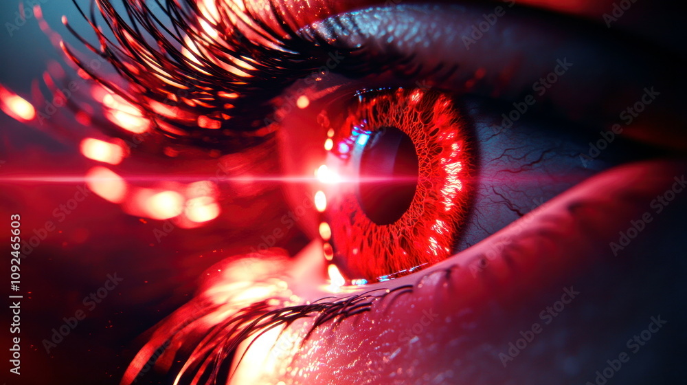 Poster captivating red eye close-up futuristic digital art high definition abstract environment intense con