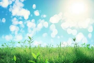Obraz premium Green field on blue sky and sun background. .