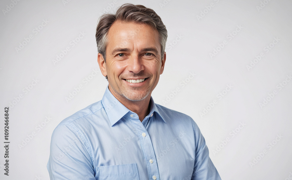Poster man is smiling and wearing a blue shirt. he is standing in front of a white background