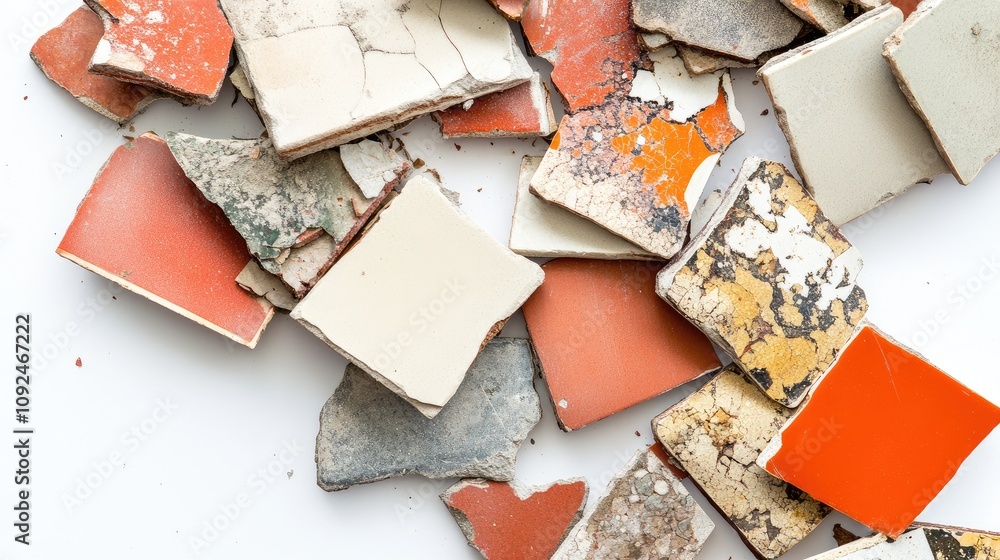 Poster colorful broken tiles in various patterns and textures scattered on a white background, showcasing a