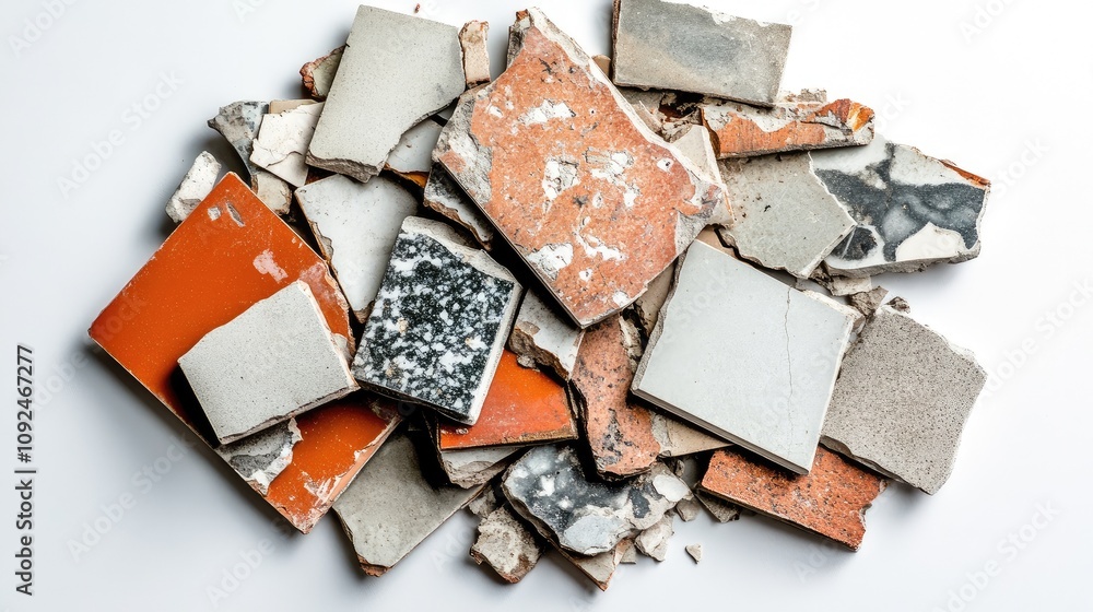 Aufkleber a close-up view of colorful broken ceramic tiles piled up on a white surface, featuring a variety of
