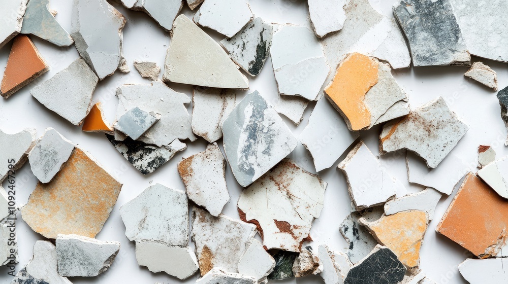 Poster a close-up view of colorful broken ceramic pieces arranged on a light background, ideal for textures